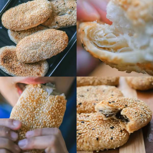 手工油酥烧饼｜百年老字号，无添加纯手工！酥皮上撒白芝麻，⁤一口咬下去，内馅松软，外皮酥脆！9种口味任选，可咸可甜​，3袋起拍